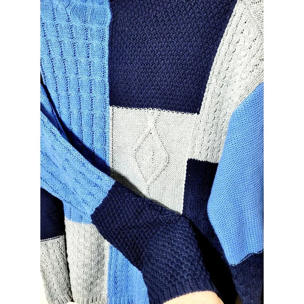 Tribal Sweater PM Patchwork Pattern Blue Gray Str… - image 4